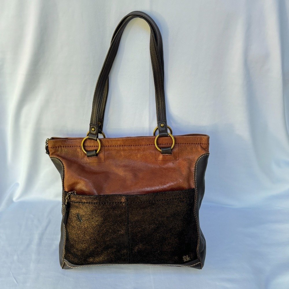 The Sak Iris Tote Shoulder Bag Womens 2-Tone Brown Genuine Leather Double Handle